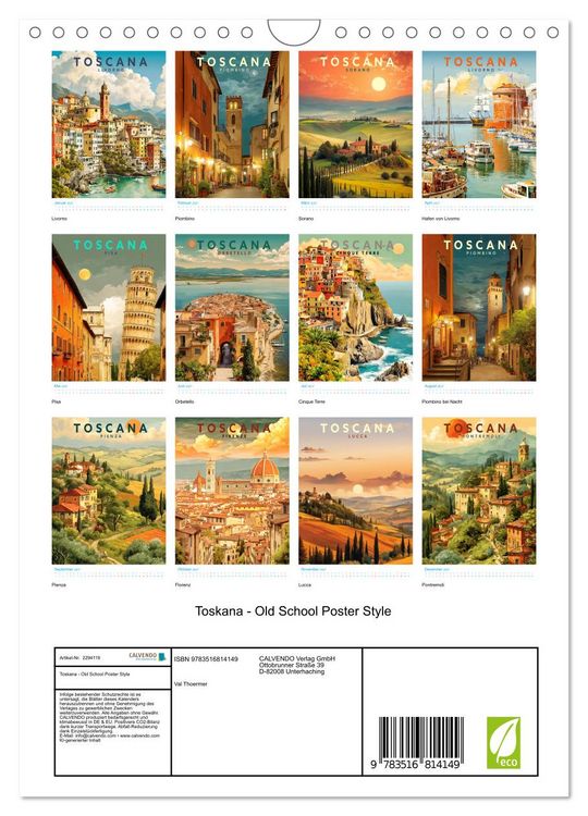 Produktbild: Toskana - Old School Poster Style (Wandkalender 2027 DIN A4 hoch), CALVENDO Monatskalender