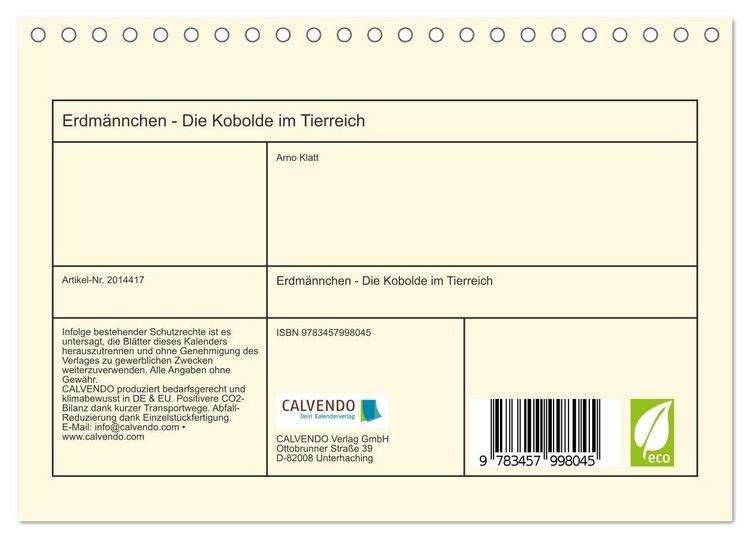 Produktbild: Erdm&auml;nnchen - Die Kobolde im Tierreich (Tischkalender 2026 DIN A5 quer), CALVENDO Monatskalender