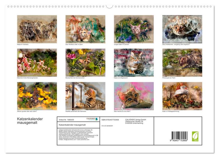 Produktbild: Katzenkalender mausgemalt (hochwertiger Premium Wandkalender 2026 DIN A2 quer), Kunstdruck in Hochglanz