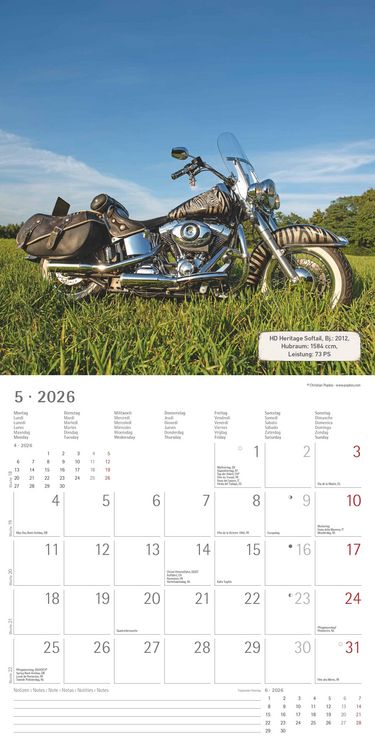 Produktbild: Harleys 2026 - Broschürenkalender 30x30 cm (30x60 geöffnet) - Kalender mit Platz für Notizen - Motorräder - Bildkalender - Wandplaner - Harley-Davidso