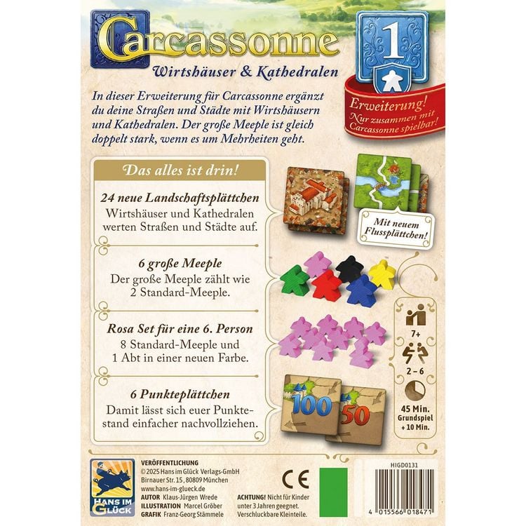 Produktbild: Hans im Gl&uuml;ck HIGD0131 - Carcassonne, Wirtsh&auml;user & Kathedralen (Auflage 2025), 1. Erweiterung