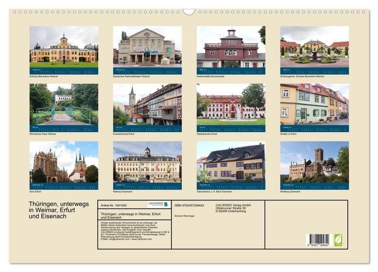 Produktbild: Th&uuml;ringen, unterwegs in Weimar, Erfurt und Eisenach (Wandkalender 2026 DIN A2 quer), CALVENDO Monatskalender
