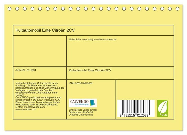 Produktbild: Kultautomobil Ente Citro&euml;n 2CV (Tischkalender 2026 DIN A5 quer), CALVENDO Monatskalender