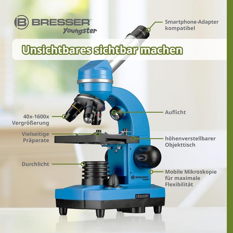 Produktbild: Bresser Junior 11188 - Sch&uuml;ler-Mikroskop Biolux SEL (blau), Auf- und Durchlichtmikroskop mit 40x-1.600-facher Vergr&ouml;&szlig;erung