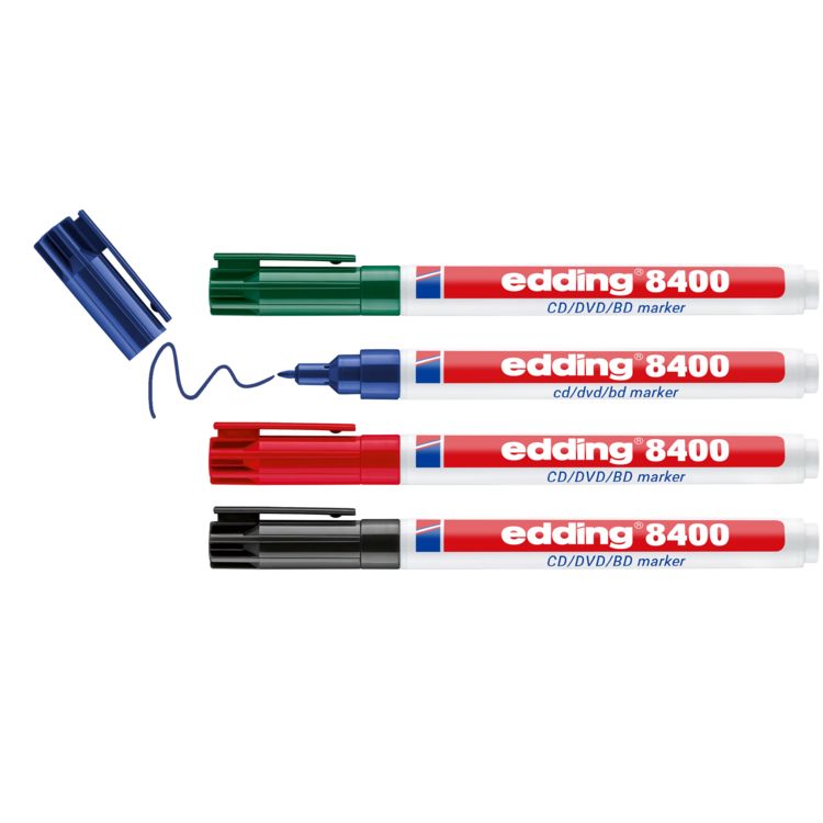 Produktbild: EDDING&reg; CD/DVD/BD Marker 8400, 4er Etui (rot, blau, gr&uuml;n, schwarz) Kartonetui