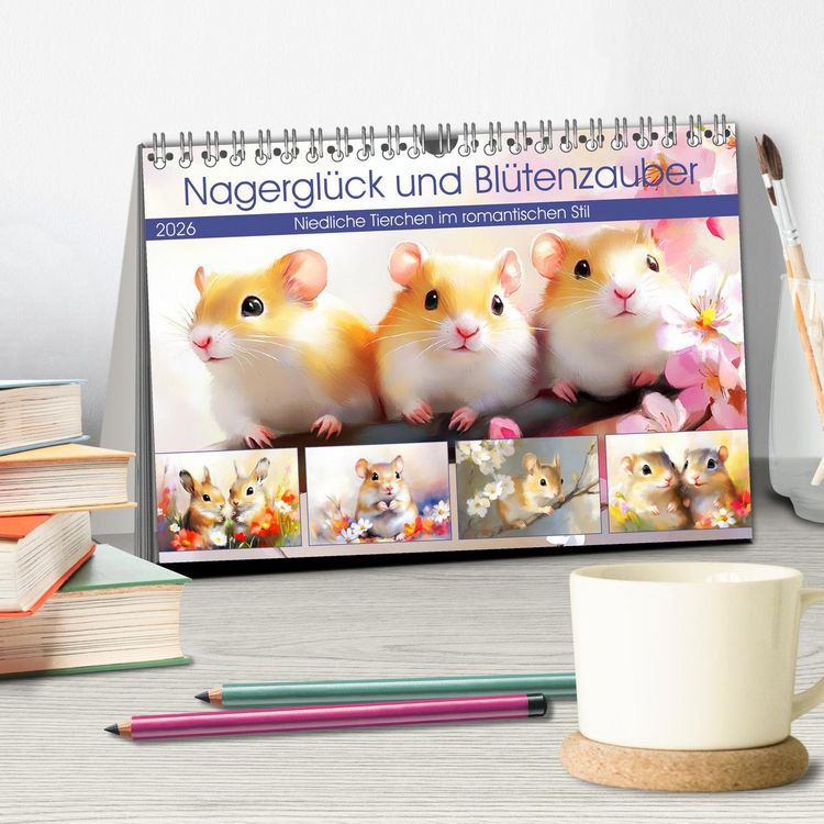 Produktbild: Nagergl&uuml;ck und Bl&uuml;tenzauber. Niedliche Tierchen im romantischen Stil (Tischkalender 2026 DIN A5 quer), CALVENDO Monatskalender
