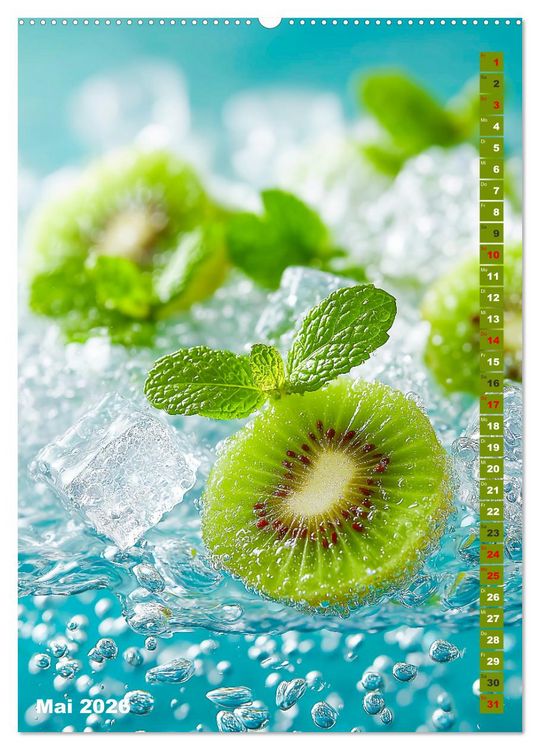 Produktbild: Fruchtige Erfrischung - K&uuml;chenkalender mit bunten Fr&uuml;chten im Wasser (Wandkalender 2026 DIN A2 hoch), CALVENDO Monatskalender