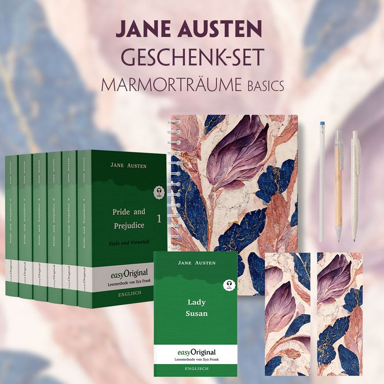 Produktbild: Jane Austen Geschenkset - 7 B&uuml;cher (Softcover + Audio-Online) + Marmortr&auml;ume Schreibset Basics