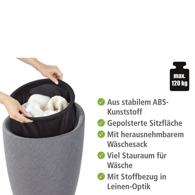 Hocker Mod. Candy Grey Leinenoptik, mit abnehmbarem Wäschesammler