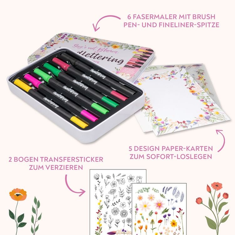 Handlettering Designdose Brush Pens Sag's mit Blumen: Dose (19 x 11,5 cm), 6 Brush Pens mit Fineliner-Spitze in Gelb, Hellgrün, Grün, Magenta