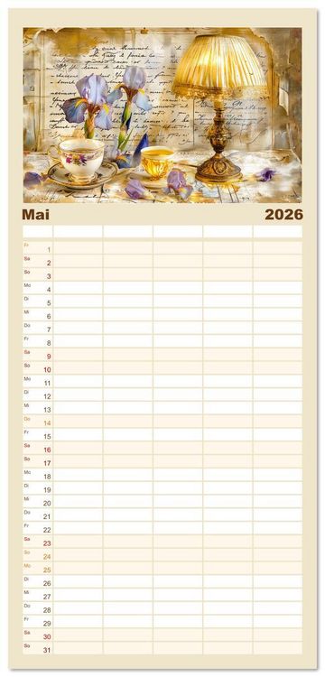 Produktbild: Familienplaner 2026 - Shabby Chic Romantik - Vintage Tassen, Blumen und nostalgische Briefe mit 5 Spalten (Wandkalender, 21 x 45 cm) CALVENDO