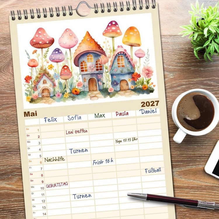 Produktbild: Familienplaner 2027 - M&auml;rchenhafte Feenh&auml;uschen mit 5 Spalten (Wandkalender, 21 x 45 cm) CALVENDO