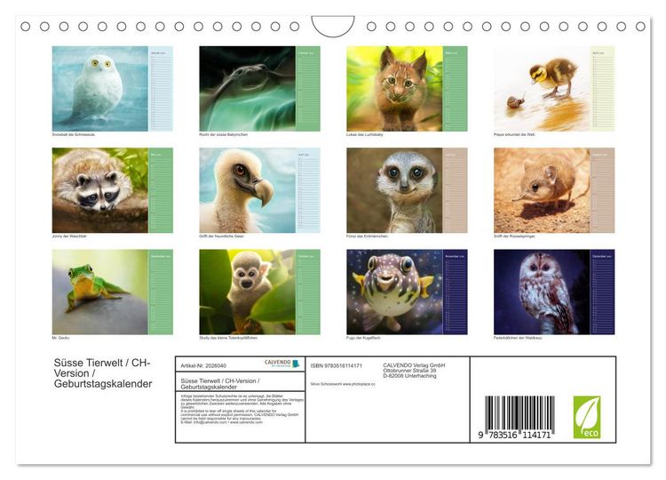 Produktbild: S&uuml;sse Tierwelt / CH-Version / Geburtstagskalender (Wandkalender 2026 DIN A4 quer), CALVENDO Monatskalender