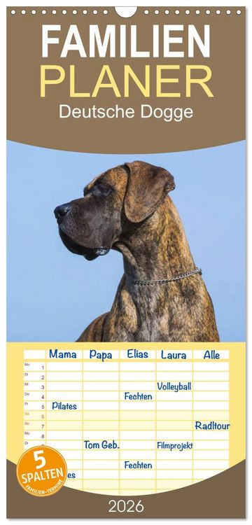 Produktbild: Familienplaner 2026 - Deutsche Dogge mit 5 Spalten (Wandkalender, 21 x 45 cm) CALVENDO