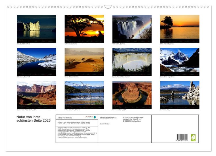 Produktbild: Natur von ihrer sch&ouml;nsten Seite 2026 (Wandkalender 2026 DIN A2 quer), CALVENDO Monatskalender