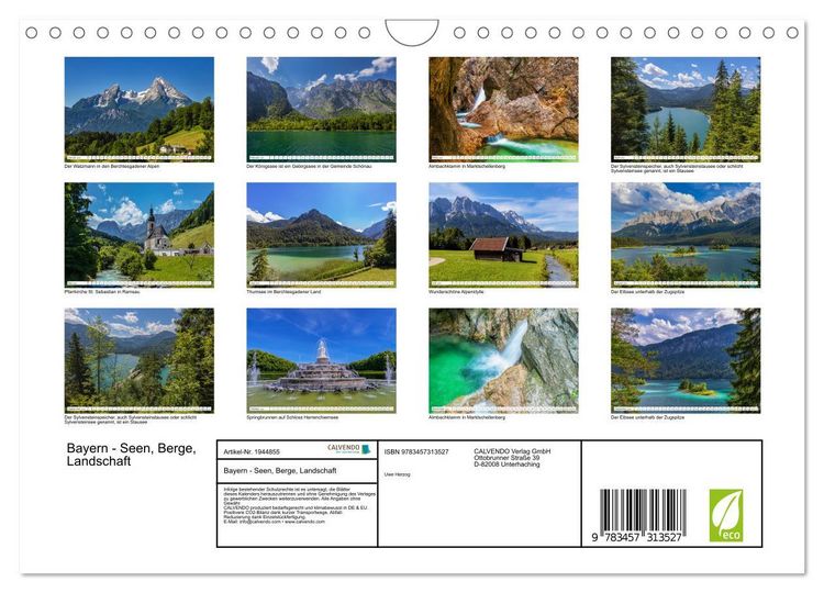 Produktbild: Bayern - Seen, Berge, Landschaft (Wandkalender 2026 DIN A4 quer), CALVENDO Monatskalender