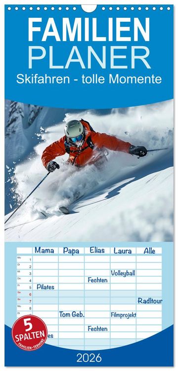 Produktbild: Familienplaner 2026 - Skifahren - tolle Momente mit 5 Spalten (Wandkalender, 21 x 45 cm) CALVENDO