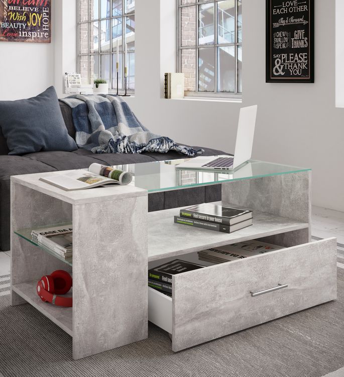 Produktbild: Holz Sofatisch Couchtisch Schublade Glas Tindala