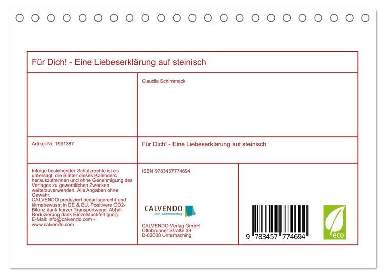Produktbild: F&uuml;r Dich! - Eine Liebeserkl&auml;rung auf steinisch (Tischkalender 2026 DIN A5 quer), CALVENDO Monatskalender