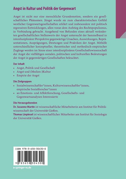 Produktbild: Angst in Kultur und Politik der Gegenwart