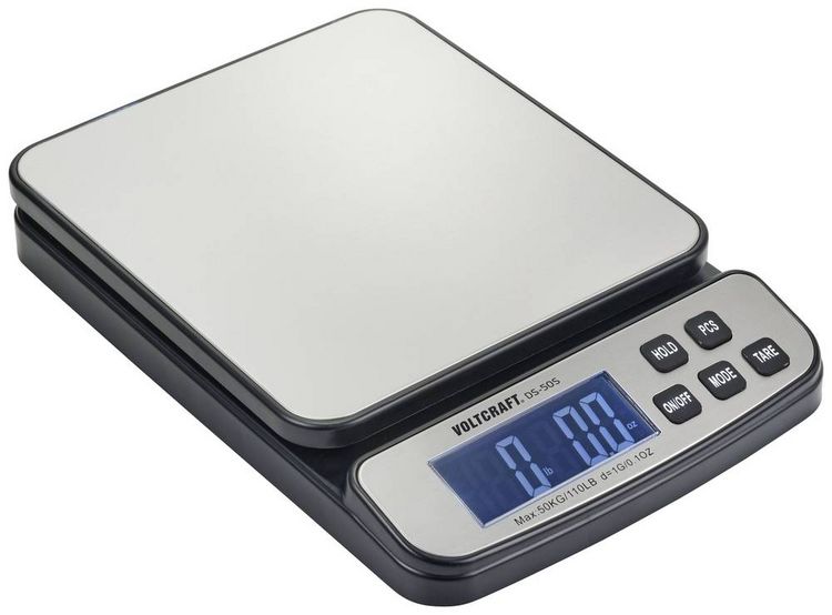 Produktbild: VOLTCRAFT DS-50S Tischwaage W&auml;gebereich (max.) 50 kg Ablesbarkeit 1 g batteriebetrieben, &uuml;ber Steckernetzteil (Optional) Silber