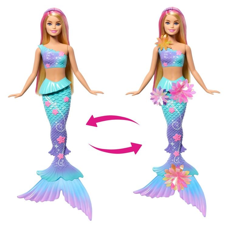 Produktbild: Barbie Flower Magic Meerjungfrauen-Spielzeugpuppe mit magischer Überraschungsblüte und perlenbesetztem Haarreif