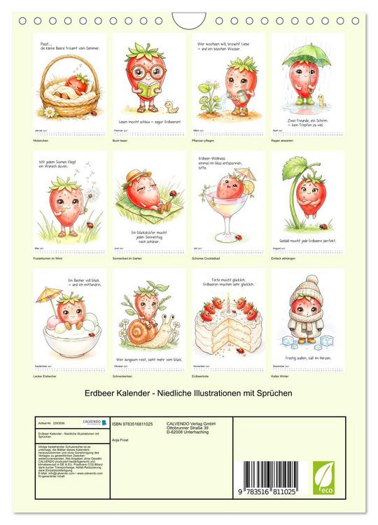 Produktbild: Erdbeer Kalender - Niedliche Illustrationen mit Spr&uuml;chen (Wandkalender 2027 DIN A4 hoch), CALVENDO Monatskalender