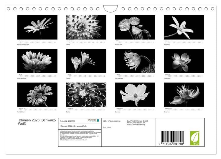 Produktbild: Blumen 2026, Schwarz-Wei&szlig; (Wandkalender 2026 DIN A4 quer), CALVENDO Monatskalender