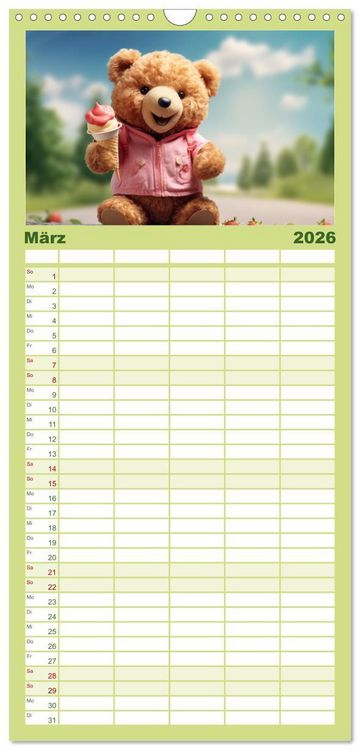 Produktbild: Familienplaner 2026 - Teddyb&auml;r und seine Abenteuer mit 5 Spalten (Wandkalender, 21 x 45 cm) CALVENDO