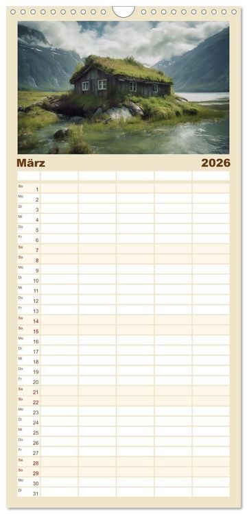 Produktbild: Familienplaner 2026 - H&uuml;ttenzauber - Ein visueller Streifzug durch Norwegens Wildnis mit 5 Spalten (Wandkalender, 21 x 45 cm) CALVENDO