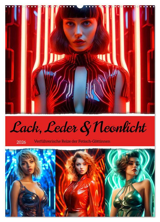 Produktbild: Lack, Leder und Neonlicht - Verf&uuml;hrerische Reize der Fetisch-G&ouml;ttinnen (Wandkalender 2026 DIN A2 hoch), CALVENDO Monatskalender