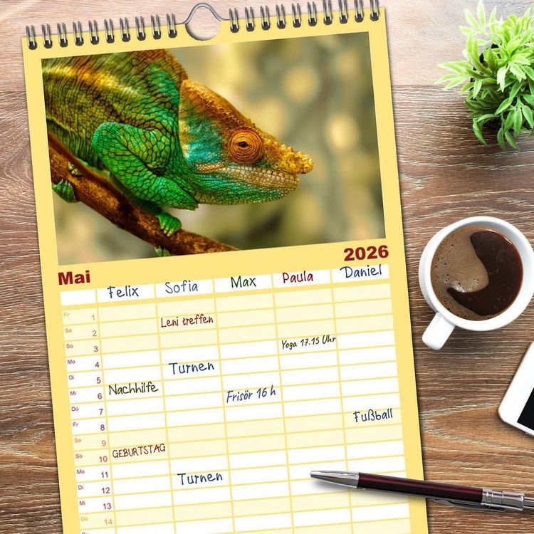 Produktbild: Familienplaner 2026 - Tierisch tolles Madagaskar - Cham&auml;leons, Lemuren und mehr mit 5 Spalten (Wandkalender, 21 x 45 cm) CALVENDO