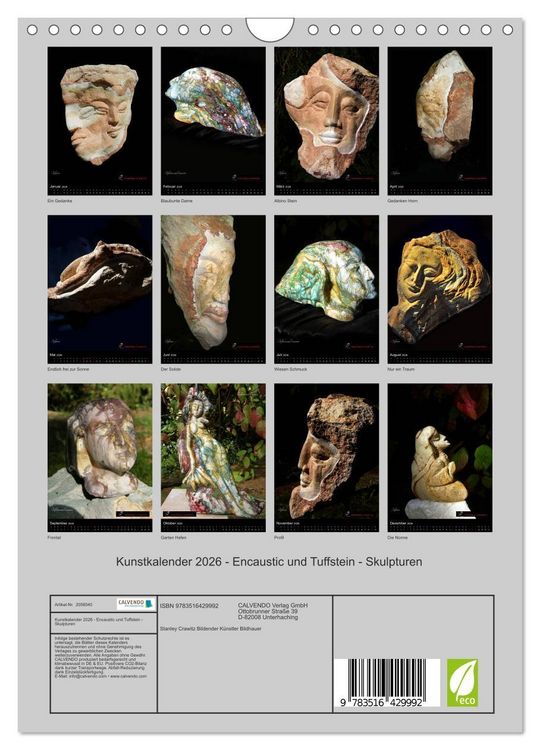 Produktbild: Kunstkalender 2026 - Encaustic und Tuffstein - Skulpturen (Wandkalender 2026 DIN A4 hoch), CALVENDO Monatskalender