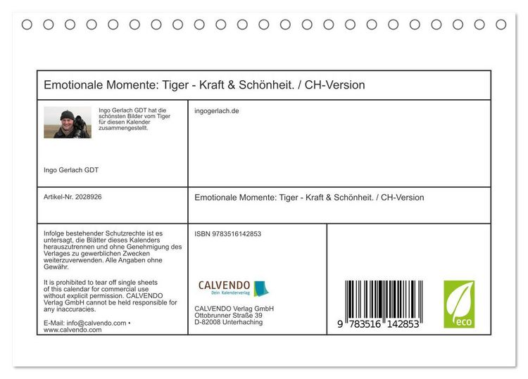 Produktbild: Emotionale Momente: Tiger - Kraft & Sch&ouml;nheit. / CH-Version (Tischkalender 2026 DIN A5 quer), CALVENDO Monatskalender