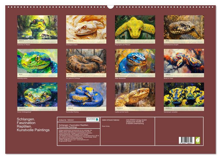 Produktbild: Schlangen. Faszination Reptilien. Kunstvolle Paintings (Wandkalender 2026 DIN A2 quer), CALVENDO Monatskalender