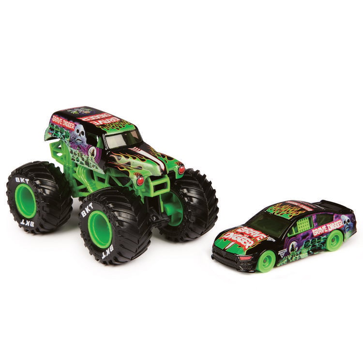 Produktbild: Monster Jam, Truck und Rennauto in einem Set, Ma&szlig;stab 1:64