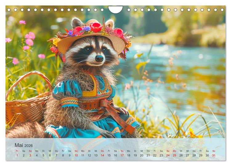 Produktbild: Niedlicher Waschb&auml;ren-Style. Modisch, elegant und blumig (Wandkalender 2026 DIN A4 quer), CALVENDO Monatskalender