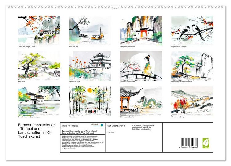 Produktbild: Fernost Impressionen - Tempel und Landschaften in KI-Tuschekunst (hochwertiger Premium Wandkalender 2026 DIN A2 quer), Kunstdruck in Hochglanz