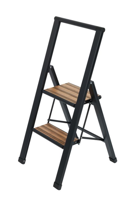 Produktbild: Alu-Design Klapptrittleiter 2-stufig Schwarz, rutschsichere XXL-Stufen