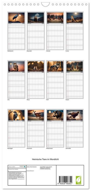Produktbild: Familienplaner 2026 - Heimische Tiere im Mondlicht mit 5 Spalten (Wandkalender, 21 x 45 cm) CALVENDO