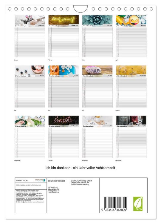 Produktbild: Ich bin dankbar - ein Jahr voller Achtsamkeit (Wandkalender 2026 DIN A4 hoch), CALVENDO Monatskalender