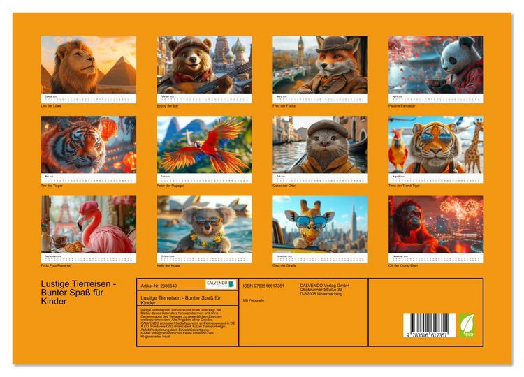 Produktbild: Lustige Tierreisen - Bunter Spa&szlig; f&uuml;r Kinder (Wandkalender 2026 DIN A3 quer), CALVENDO Monatskalender