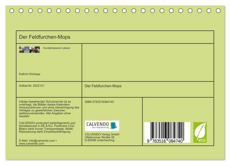 Produktbild: Der Feldfurchen-Mops (Tischkalender 2026 DIN A5 quer), CALVENDO Monatskalender