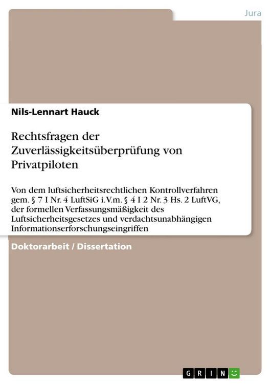 Produktbild: Rechtsfragen der Zuverl&auml;ssigkeits&uuml;berpr&uuml;fung von Privatpiloten