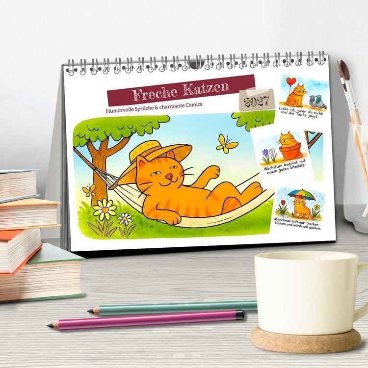 Produktbild: Freche Katzen - Humorvolle Spr&uuml;che und charmante Comics (Tischkalender 2027 DIN A5 quer), CALVENDO Monatskalender