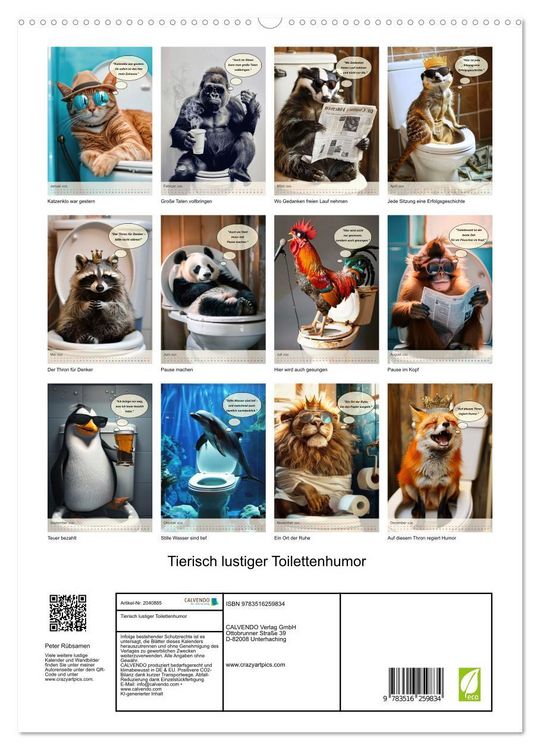 Produktbild: Tierisch lustiger Toilettenhumor (hochwertiger Premium Wandkalender 2026 DIN A2 hoch), Kunstdruck in Hochglanz