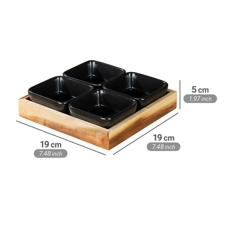 Produktbild: Dip-Schalen mit Tablett Mod. Elo, 5-tlg., Tablett aus zertifiziertem Akazienholz mit Umrandung
