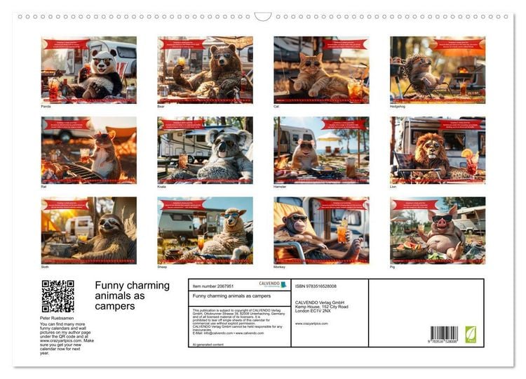 Produktbild: Funny charming animals as campers (Wall Calendar 2026 DIN A2 landscape), CALVENDO 12 Month Wall Calendar