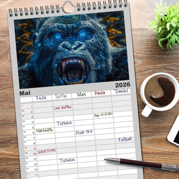 Produktbild: Familienplaner 2026 - Tierische Schamanen mit 5 Spalten (Wandkalender, 21 x 45 cm) CALVENDO