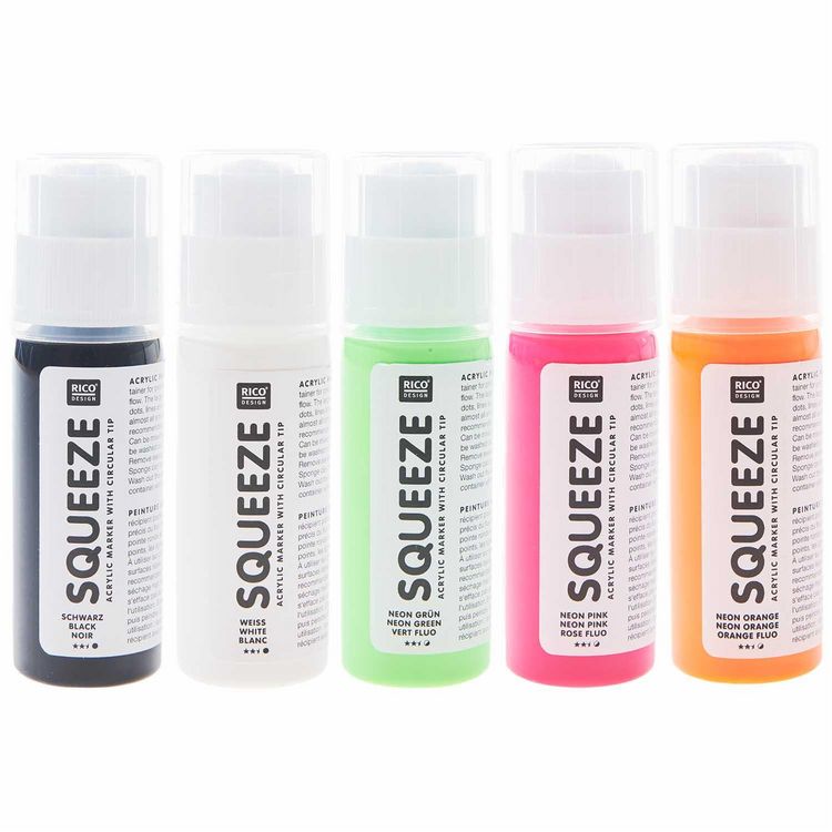 Produktbild: Squeeze Marker, 5x60ml Neon Set (Neon Orange / Neon Pink / Neon Gr&uuml;n / Wei&szlig; / Schwarz)